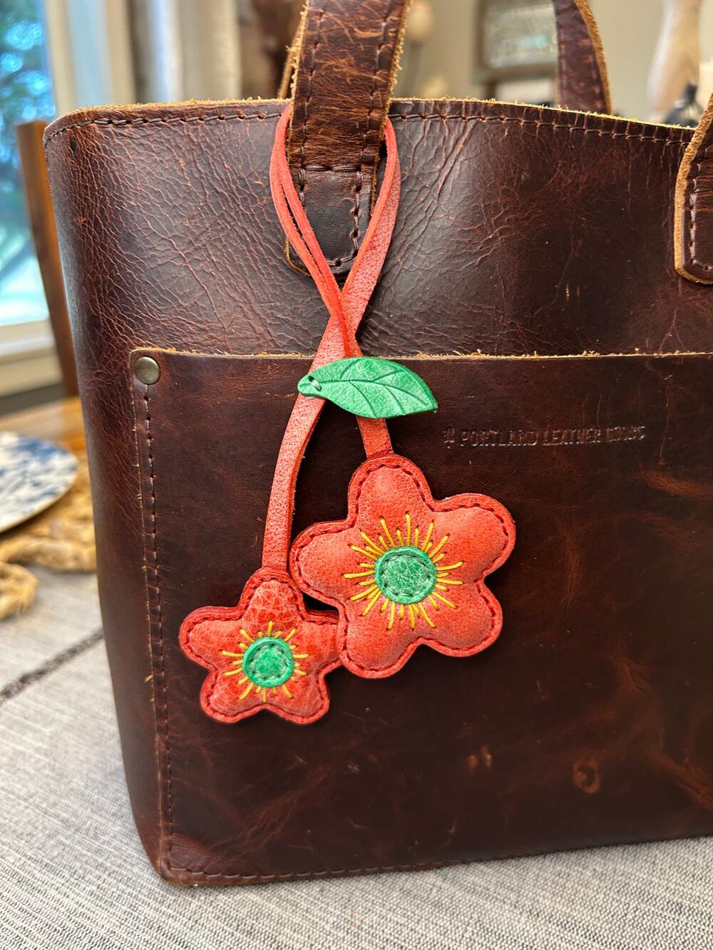 Double Light Red Flower Bag Charm Daisy Flower Genuine Leather Purse Charm